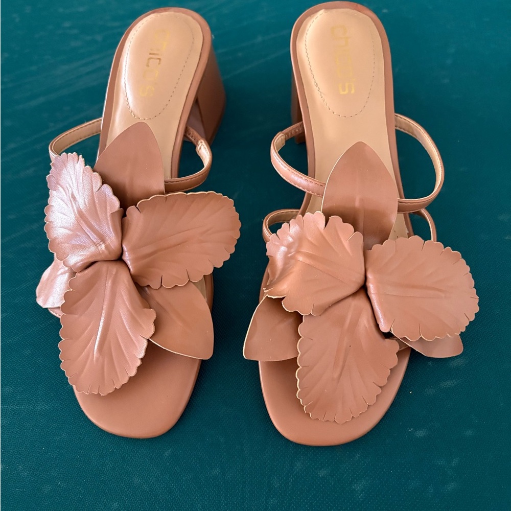 Chico's Coral-Tan Floral Leather Slide Mules